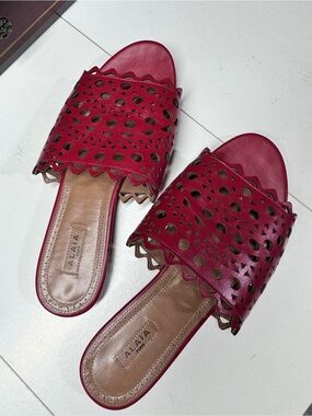 Alaïa Red Laser-Cut Leather Slide Mules